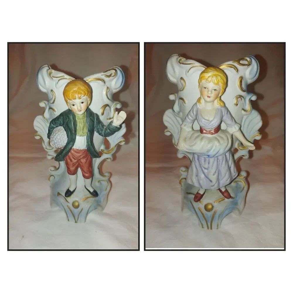 Vintage Set Of Porcelain Ceramic Victorian Boy & Girl Vases
